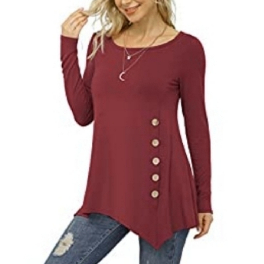 ❤️‍🔥$5~ VIISHOW Long Sleeve Scoop Neck Button Side Tunic Top Blouse
